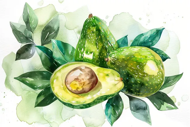 Detailansicht einer saftigen Avocado mit Blättern