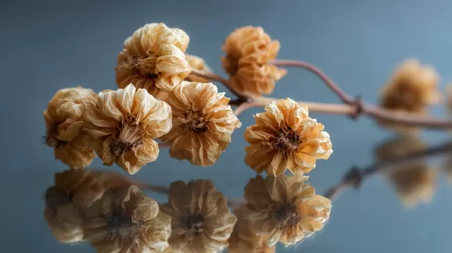 Detailansicht verblühter Chrysanthemen in warmen Tönen