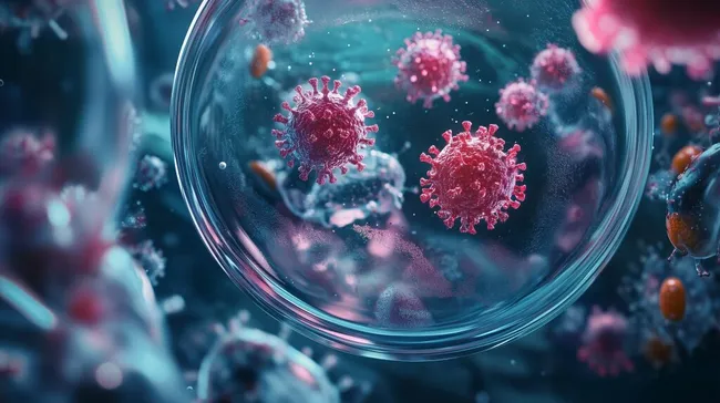 Detailansicht von mikroskopischen Coronaviren