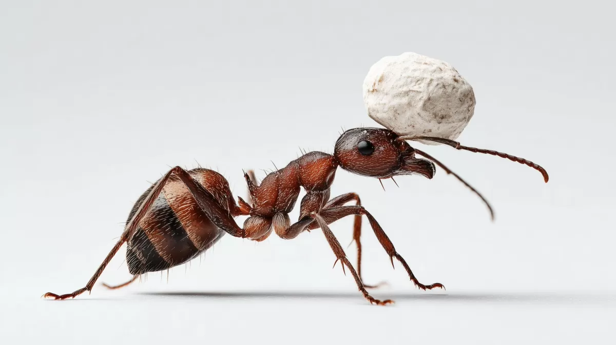 Detailaufnahme einer braunen Ameise mit schwerer Last