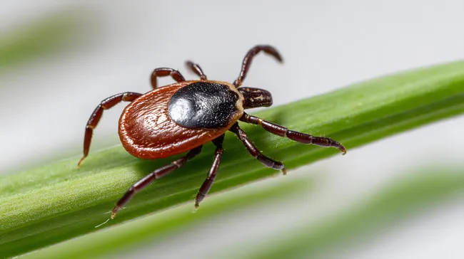Detailaufnahme einer braunen Zecke auf grünem Blatt