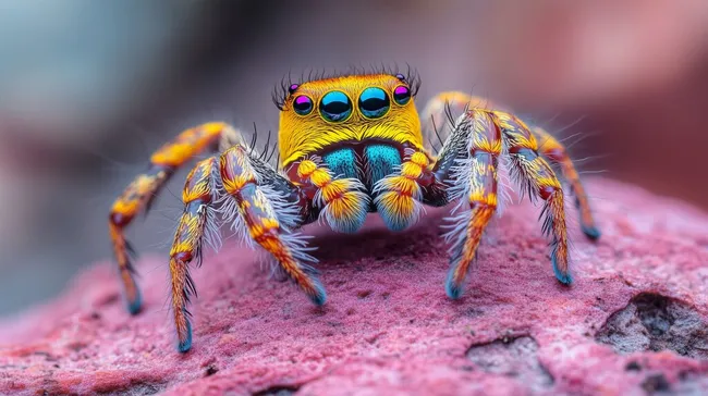 Detailaufnahme einer farbenfrohen Springspinne auf rotem Stein