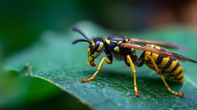 Detailaufnahme einer faszinierenden Wespe auf grünem Blatt