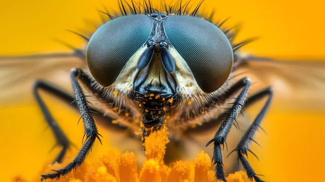 Detailaufnahme einer Fliege auf orangefarbener Blüte