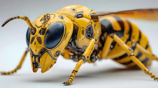 Detailaufnahme einer hochauflösenden Roboterdrohne in Gelb und Schwarz