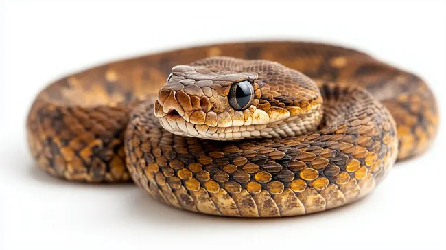 Detailaufnahme einer Kettennatter auf weißem Hintergrund