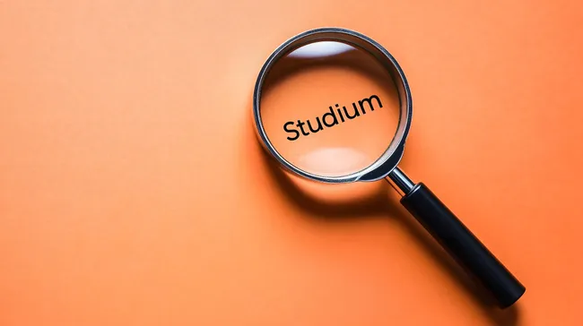 Detailaufnahme einer Lupe mit dem Wort 'Studium'