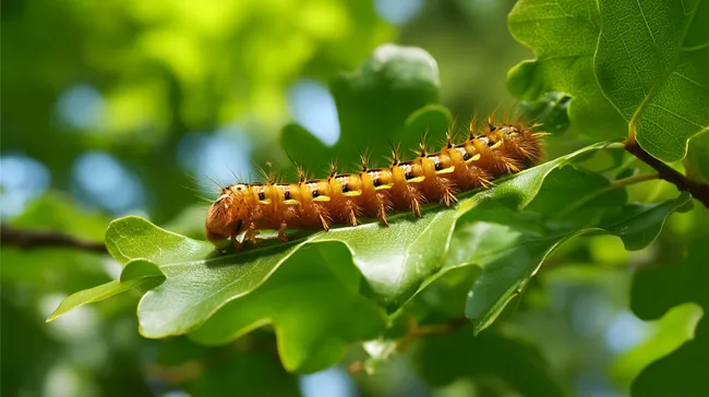 Detailaufnahme einer pelzigen Raupe auf Eichenblatt