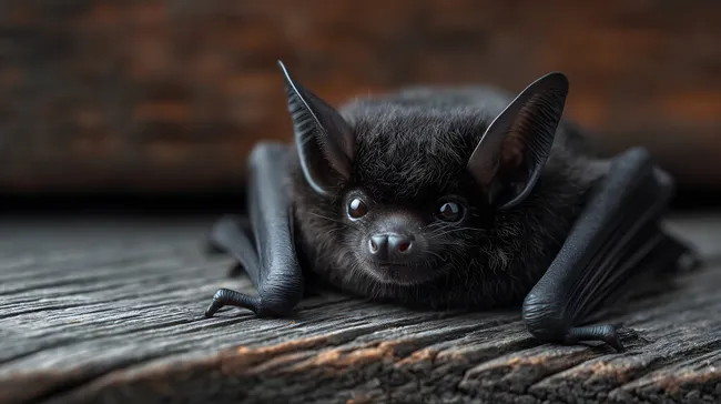 Detailaufnahme einer schwarzen Fledermaus auf Holzboden