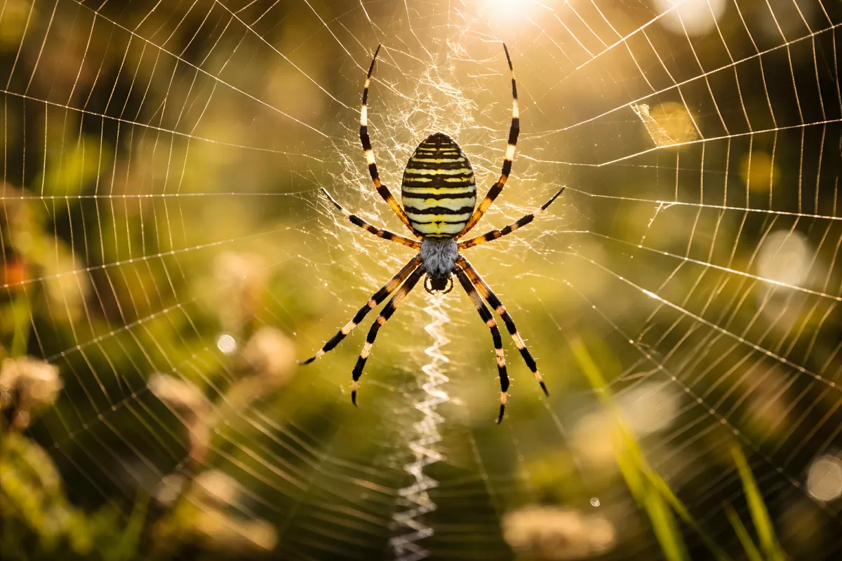 Detailaufnahme einer Spinne auf Spinnennetz