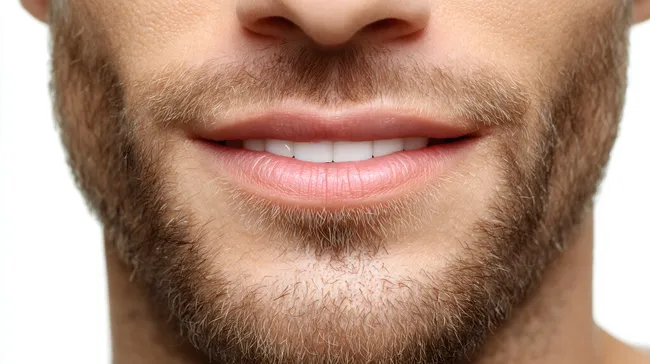 Detailaufnahme eines bärtigen Männergesichts mit weißen Zähnen