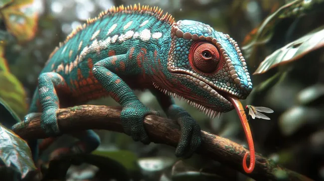 Detailaufnahme eines bunten Chamäleons auf einem Ast