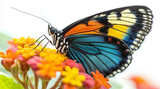 Detailaufnahme eines bunten Schmetterlings auf Blüten