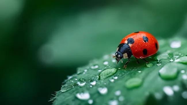 Detailaufnahme eines Marienkäfers auf einem Blatt