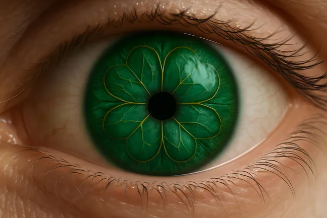 Detailaufnahme eines menschlichen Auges mit blumenähnlicher Iris