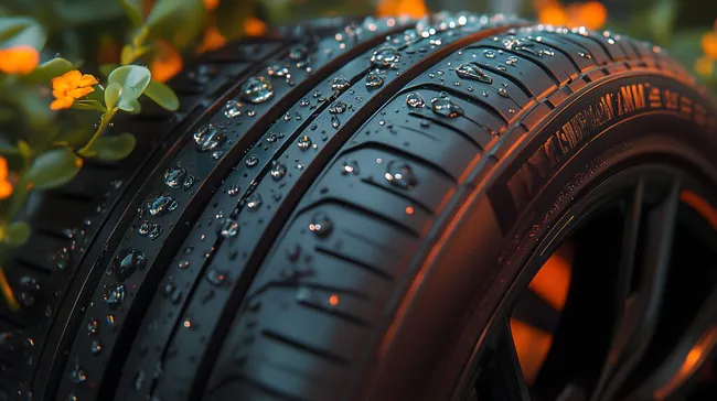 Detailaufnahme eines nassen Autoreifen mit Regentropfen