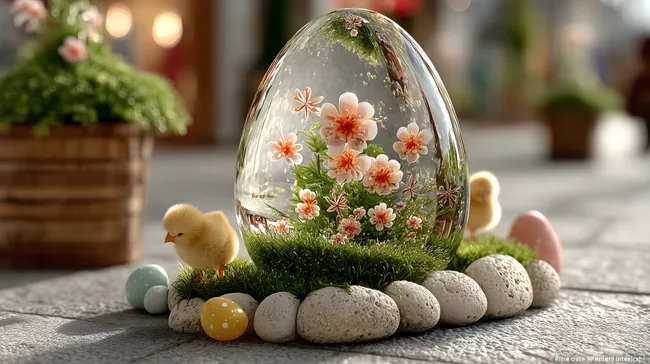 Detailaufnahme eines österlichen Dekos mit Glasvase, Blumen und Küken