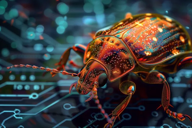 Detailaufnahme eines schillernden Cyber-Käfers auf Leiterplatte