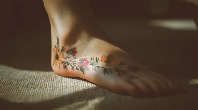 Detailaufnahme eines tätowierten Fußes mit floralen Motiven