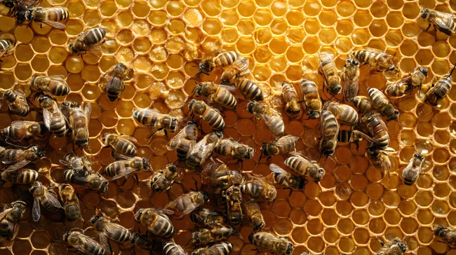 Detailaufnahme von Bienen in Honigwaben