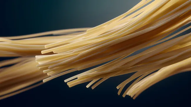 Detailaufnahme von gelben Nudeln auf dunklem Hintergrund