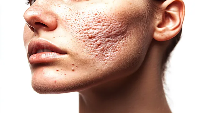 Detailaufnahme von Gesicht mit Akne und Mitessern