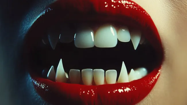 Detailaufnahme von Vampirzähnen mit roten Lippen