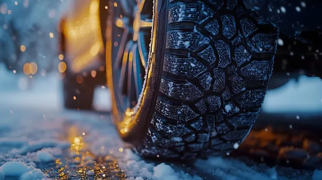 Detailaufnahme von Winterreifen im Schnee