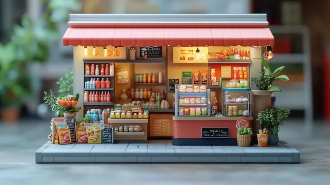 Detailgetreues Modell eines stimmungsvoll beleuchteten Tante-Emma-Ladens