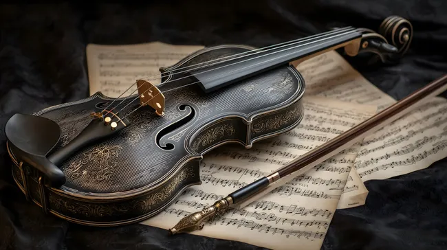 Detailliert verzierte Violine auf Notenschrift