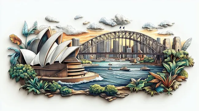 Detaillierte 3D-Darstellung der Skyline von Sydney mit Opernhaus und Hafenbrücke