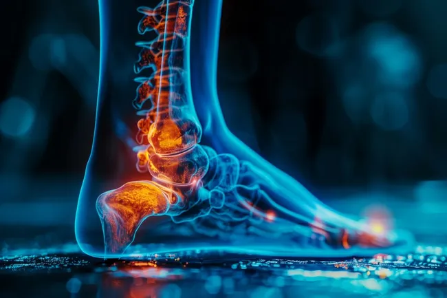 Detaillierte 3D-Röntgenaufnahme eines Fußes mit Schmerzpunkten