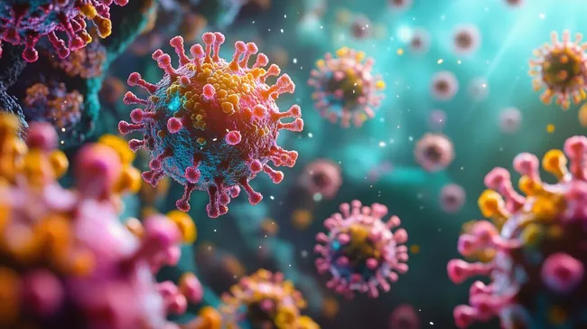 Detaillierte, bunte Coronavirus-Partikel unter dem Mikroskop