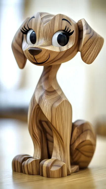Detaillierte Holzhund-Figur mit großen Augen