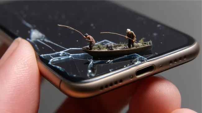 Detaillierte Miniaturszene auf defektem Smartphone-Display