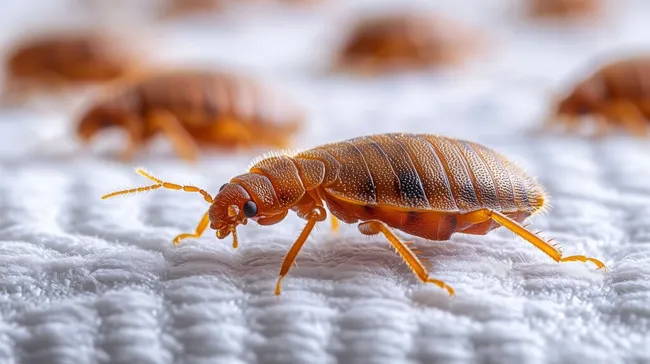 Detaillierte Nahaufnahme einer Bettwanze auf weißem Stoff