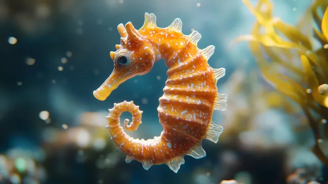 Detaillierte Nahaufnahme eines farbenfrohen Seepferdchens in Unterwasser-Umgebung