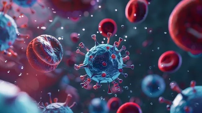 Detaillierte Nahaufnahme von Viruspartikeln und roten Blutkörperchen