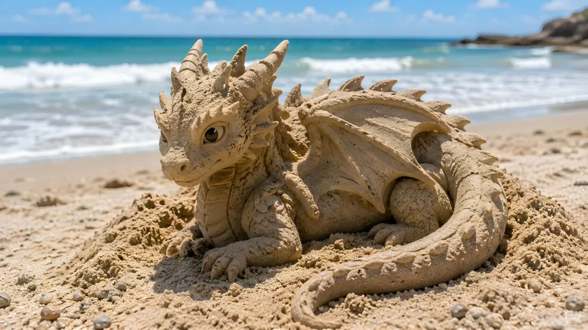 Detaillierte Sanddrachen-Skulptur am Meeresstrand