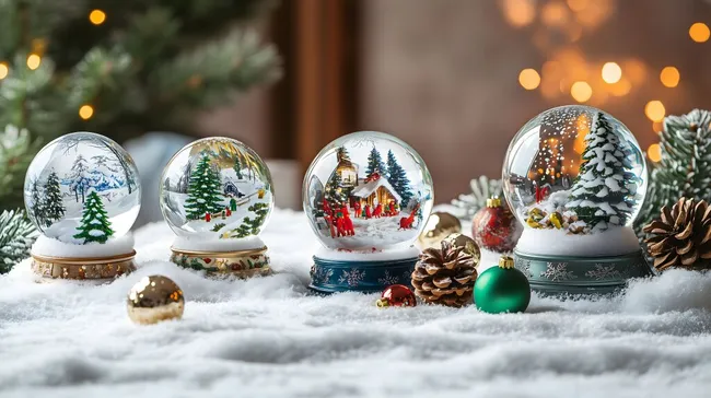 Detaillierte Schneekugeln mit winterlichen Szenen
