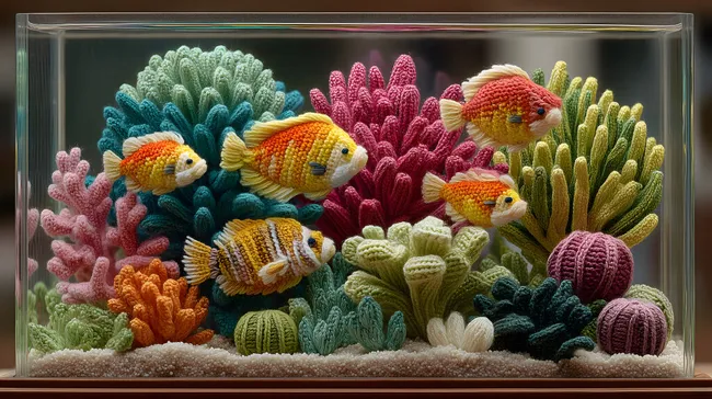 Detaillierte Unterwasserwelt aus gehäkelten Fischen und Korallen