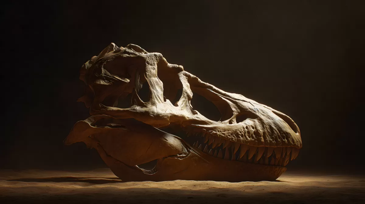 Detaillierter Dinosaurier-Schädel-Fossil in Wüstenlandschaft