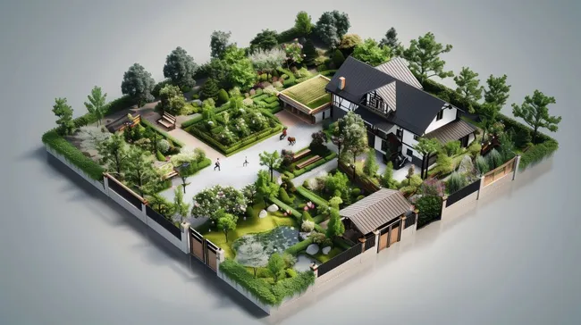 Detaillierter Gartenplan mit historischem Landhaus