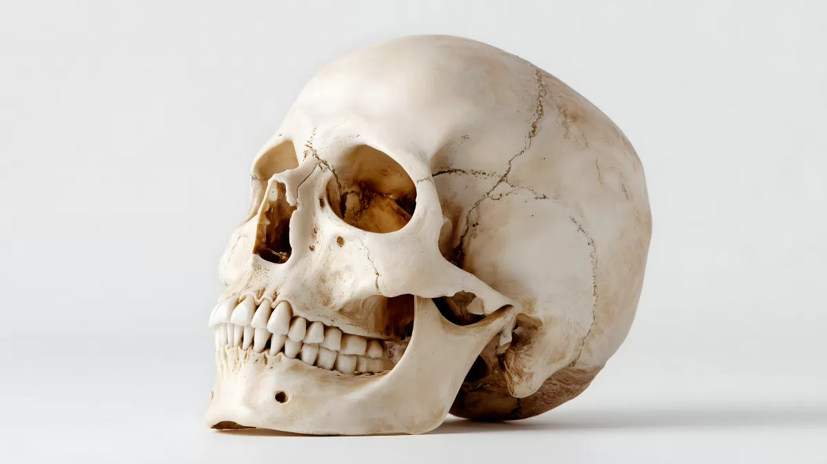 Detaillierter menschlicher Schädel vor weißem Hintergrund