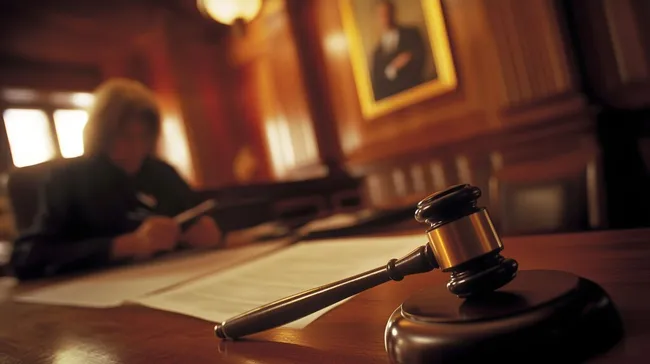 Detaillierter Richter-Hammer auf dunklem Holztisch