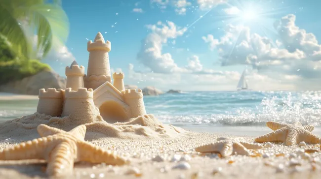 Detaillierter Sandburgen-Traum am Strand mit Segelboot