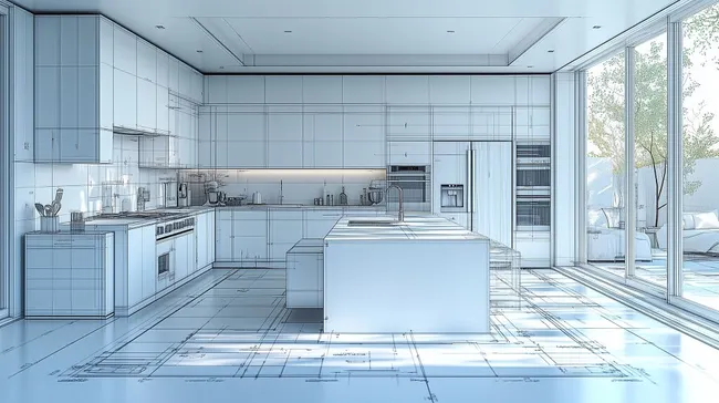 Detailliertes 3D-Rendering einer modernen Küche mit Glaswänden