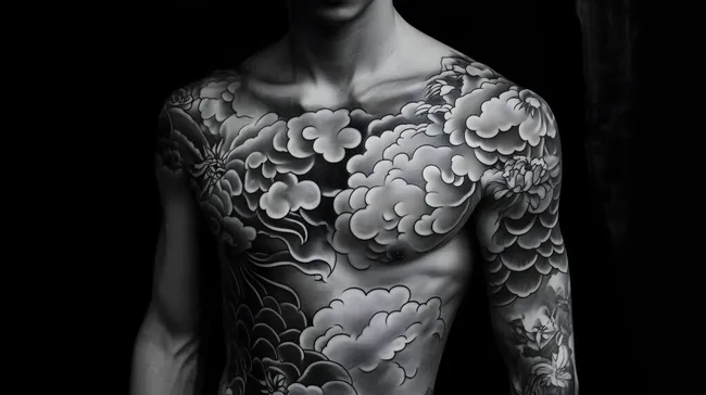 Detailliertes Blumentattoo auf Oberkörper in Schwarz-Weiß