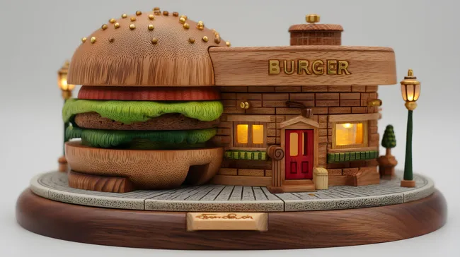 Detailliertes Burger-Restaurant aus Holz mit Beleuchtung