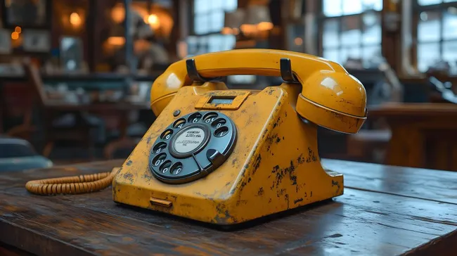 Detailliertes Foto eines rostigen Retro-Telefons auf Holztisch
